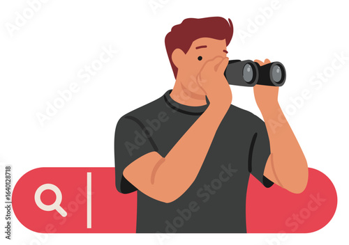 Man freelancer cartoon character looking through optical device using internet search bar service