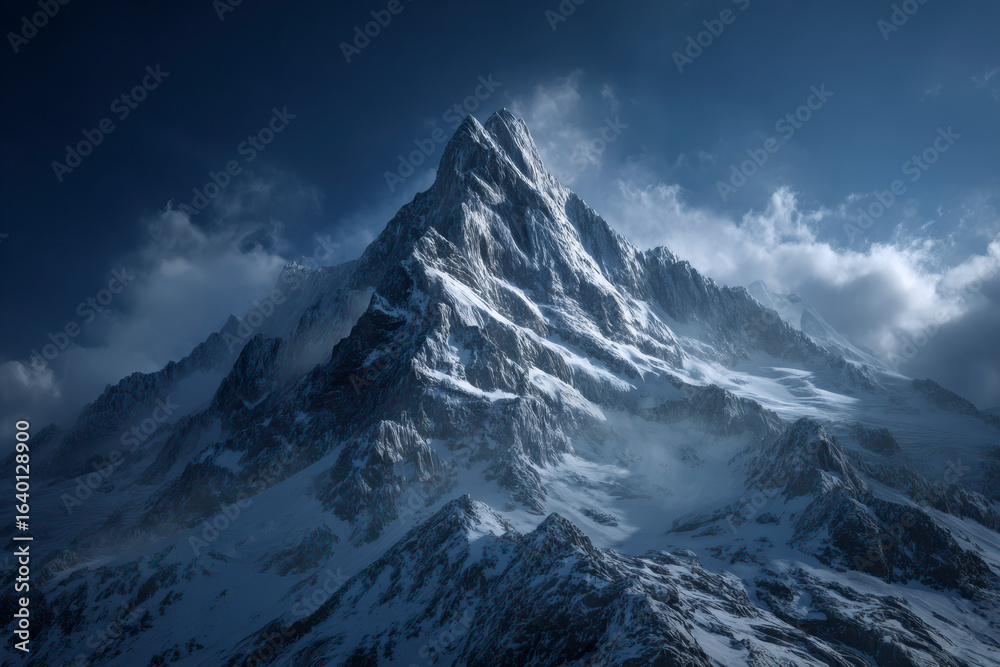 Obraz premium Majestic snow-covered mountain peak piercing the sky, a testament to nature's raw power and breathtaking beauty.