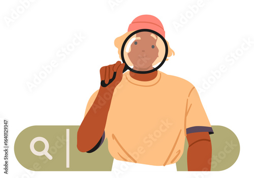 Young hipster guy cartoon character with magnifying glass using AI search engine technology