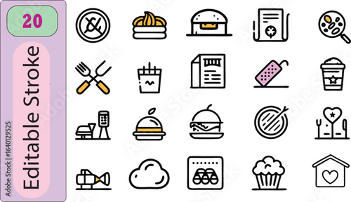 Food and drink icons set with editable stroke burger