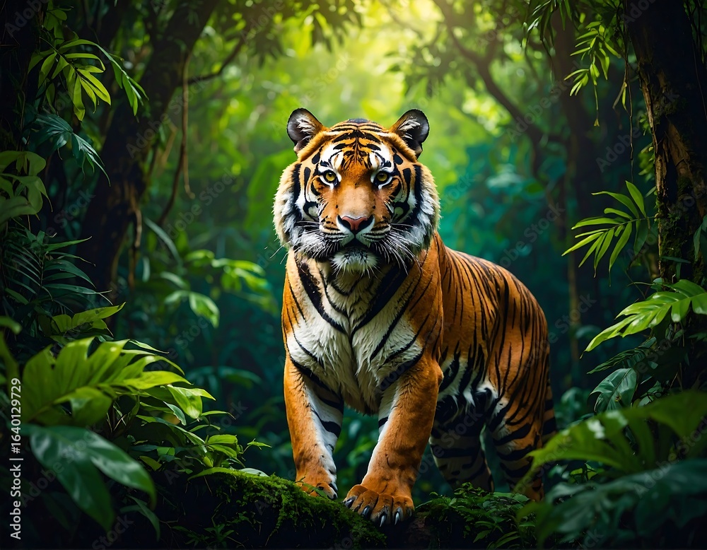 Majestic tiger in a lush jungle setting. Majestic tiger in a lush jungle setting.