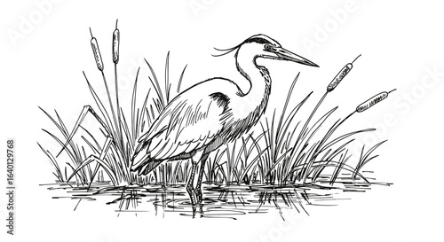 Engraving heron among reeds — vintage ink sketch doodle black and white vector illustration on white background
