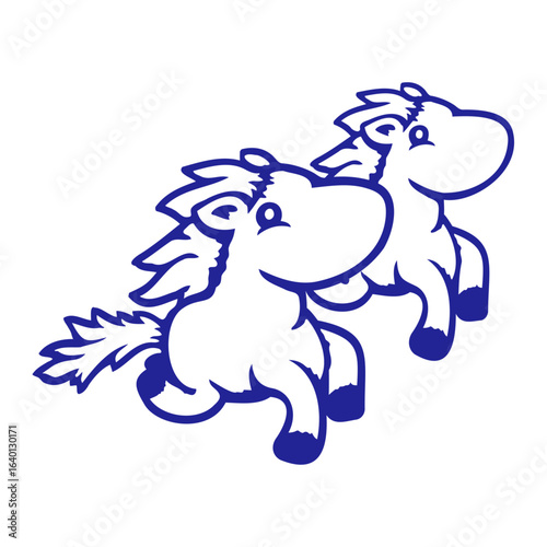 2 Horse Friends Happy Running Jumping Cute Little Team