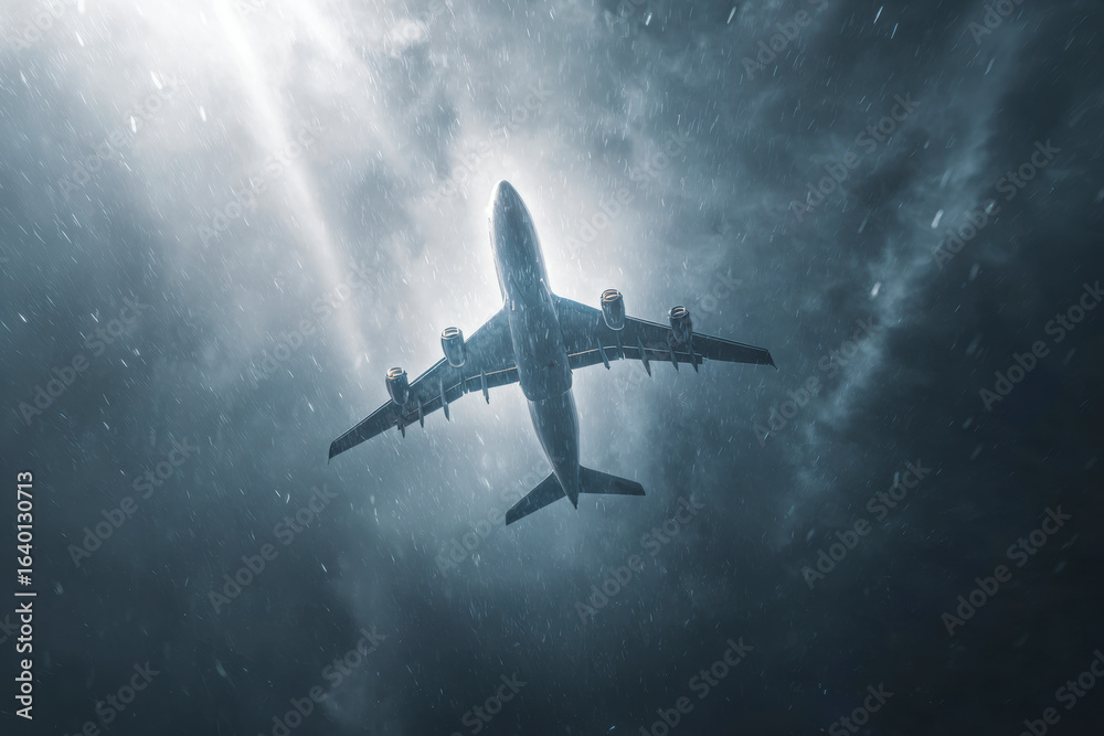 Naklejka premium Commercial airplane ascends through a heavy rainstorm, viewed from below, creating dramatic sky contrast.