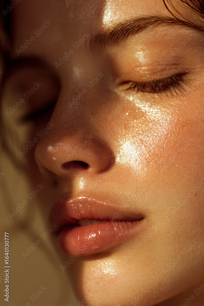 Naklejka premium Close-up of a woman's face with dewy skin illuminated by sunlight, highlighting natural beauty and radiance.