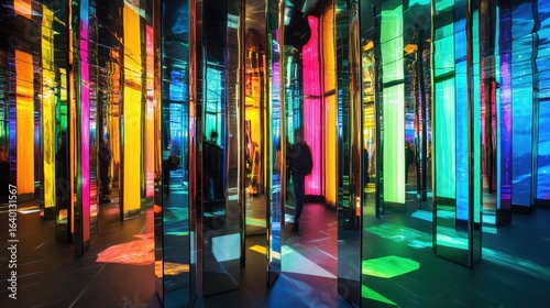 A vibrant maze of mirrored panels reflecting colorful lights, creating a surreal and immersive experience for visitors.