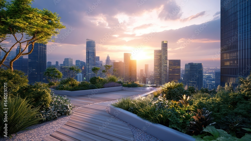 Fototapeta premium A vibrant urban rooftop garden showcases lush greenery and a stunning sunset view over a modern city skyline.