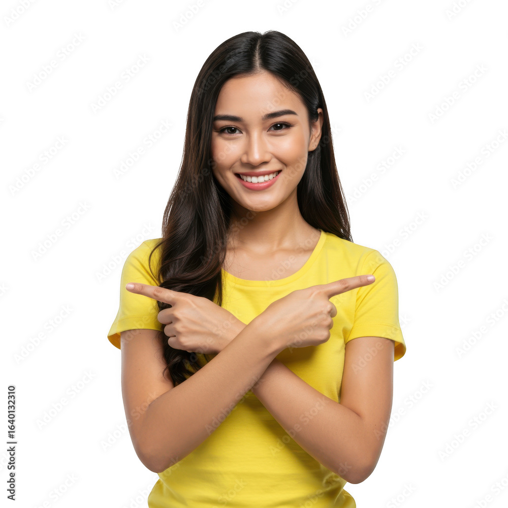 A young asian woman with long dark hair wearing a bright yellow t shirt smiles and points in two different directions with her arms crossed isolated on transparent background A young asian woman with long dark hair wearing a bright yellow t shirt smiles and points in two different directions with her arms crossed isolated on transparent background