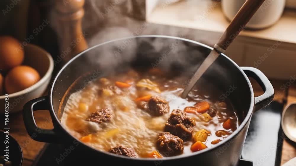 Steaming Beef Stew in Cast Iron Pot, Kitchen Cooking Steaming Beef Stew in Cast Iron Pot, Kitchen Cooking