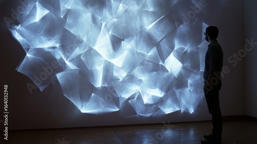 An individual observes an abstract light installation on a wall, featuring a dynamic arrangement of illuminated shapes that create a captivating visual experience.