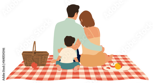 Minimalist svg vector family picnic scene showing parents and kids from behind on blanket with basket and food. 2d isolated picture perfect for parenting themes.
