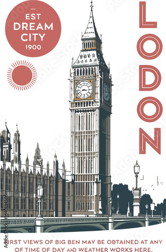 Vintage travel poster featuring big ben and london dream city est. poster on transparent background