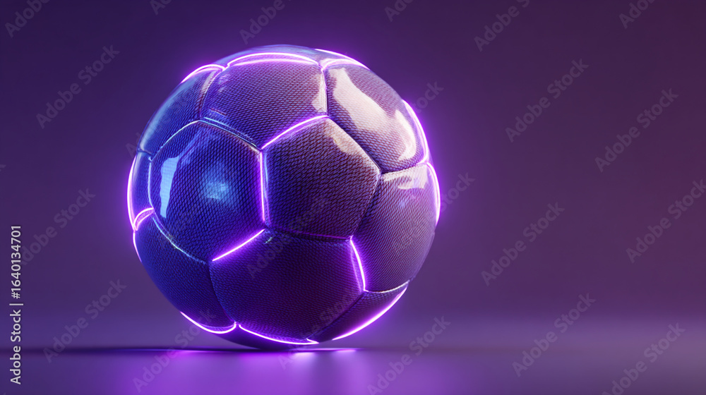 Naklejka premium A soccer ball with neon purple outlines on a purple background in a studio setting and soft lighting