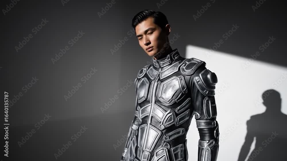 Stylish Man in Futuristic Armor Posing Against a Studio Backdrop Stylish Man in Futuristic Armor Posing Against a Studio Backdrop