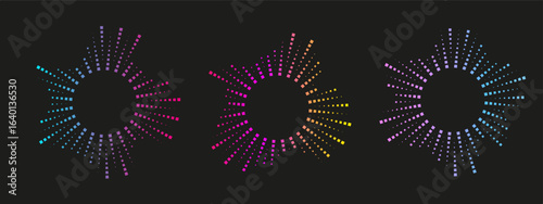 Vibrant circular audio signal visualization in neon colors. Equalizer-inspired radial design for music, radio, and target icons. Vector illustration.