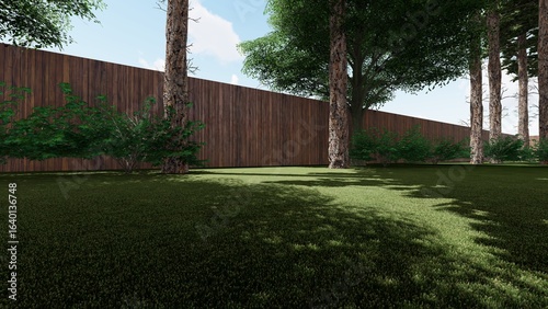 3d image of the landscape design of the home territory. Landscaping of the territory. Computer visualization of composite landscaping and landscaping solutions.