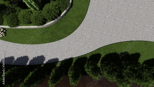3d image of the landscape design of the home territory. Landscaping of the territory. Computer visualization of composite landscaping and landscaping solutions.