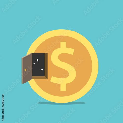Dollar coin with open door, outer space, dark black sky and stars. Breakthrough, opportunity, wealth, creativity, unknown, innovation and dream concept. Flat design. EPS 8 vector illustration