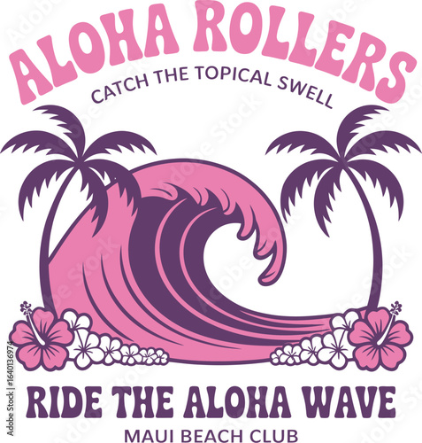 Graphic with aloha rollers text, wave, palm trees, and hibiscus flowers on transparent background