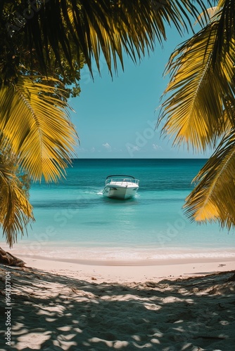Relaxing Beach View With a Boat on Clear Water Under a Sunny Sky
