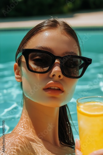 Young Woman Enjoying a Refreshing Drink While Relaxing by the Pool on a Sunny...