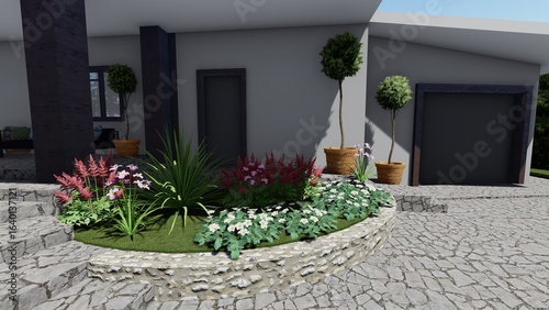 3d image of the landscape design of the home territory. Landscaping of the territory. Computer visualization of composite landscaping and landscaping solutions.