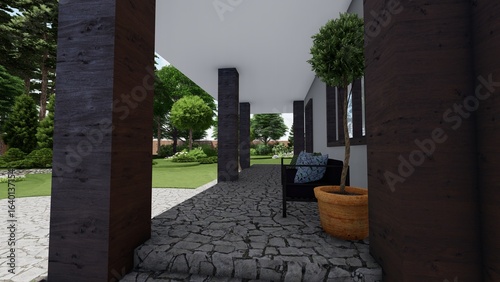 3d image of the landscape design of the home territory. Landscaping of the territory. Computer visualization of composite landscaping and landscaping solutions.