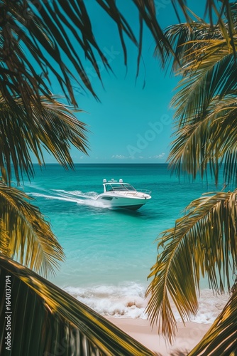 Boater Enjoying a Sunny Day at the Beach Surrounded by Palm Trees in Tropical...