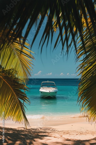 Scenic Beach View With Boat Anchored in Clear Waters Surrounded by Palm Trees