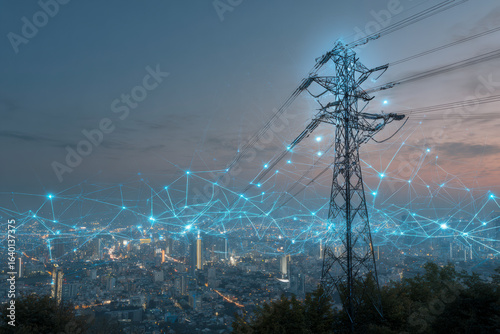 Cityscape power grid: Power transmission tower against skyline, overlaid with a network visualization.