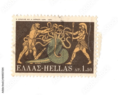 A vintage postage stamp from Greece isolated on a white background.