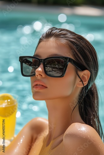 Young Woman Relaxing by the Pool With Sunglasses and a Refreshing Drink on a ...