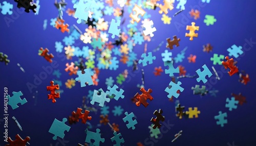 Colorful jigsaw puzzle pieces falling