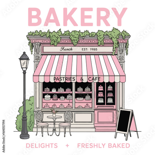 Illustration of a french bakery with cakes and pastries in the window shop on transparent background