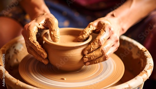 Hands shaping clay bowl on pottery wheel
