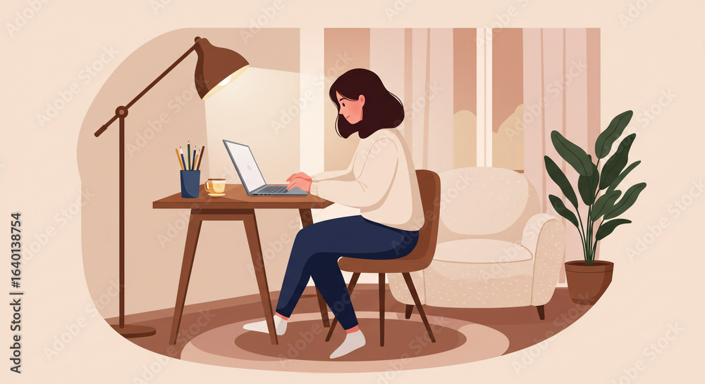 Fototapeta premium Woman working on laptop at desk in cozy home office setting