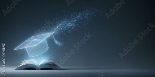 Digital graduation concept with open book and mortarboard, floating above it representing knowledge and achievement. The image depicts educational attainment in the modern age 