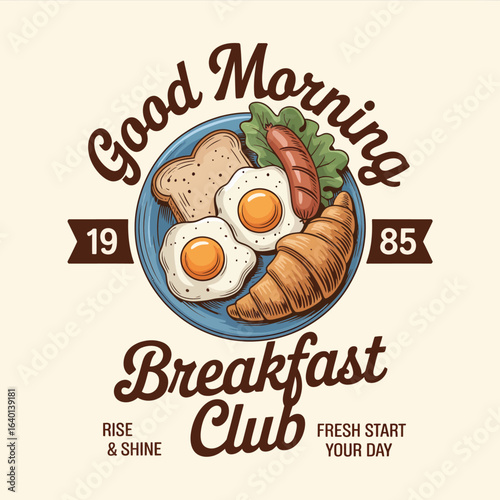 A breakfast plate with eggs toast croissant sausage and good morning text art on transparent background