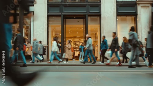 Busy city street with crowds of people walking past a store, creating a dynamic urban scene.