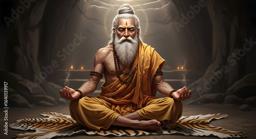 A powerful Hindu rishi meditating on a tiger skin in a cave