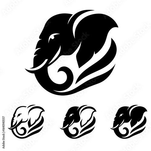 Black and white vector silhouette of an elephant on white background