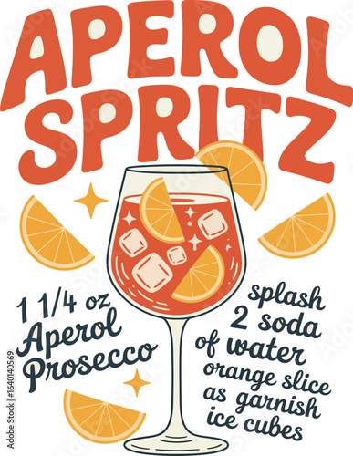 Illustration of aperol spritz cocktail with orange slices and ingredients on transparent background