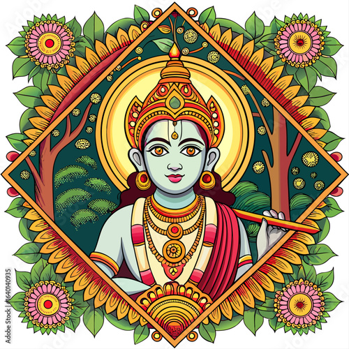 Vibrant Krishna Illustration with Lotus Frame, Divine Expression, and Spiritual Aura for Cultural, Religious, and Festive Artworks