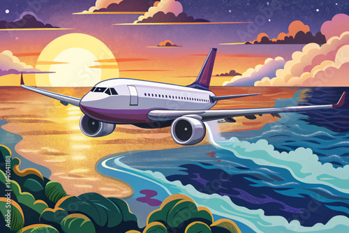 passenger airplane cruising over ocean during sunset cartoon wallpaper