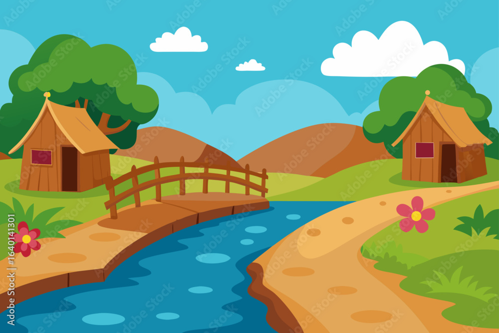 Obraz premium A colorful cartoon village vector illustration of a rural landscape with a house on a green hill under a blue sky