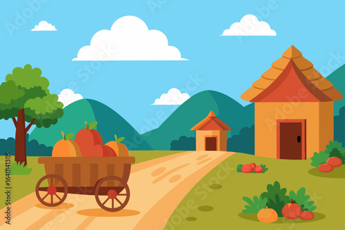 A charming rural farm landscape with a house, barn, trees, and various cartoon animals under a bright summer sky