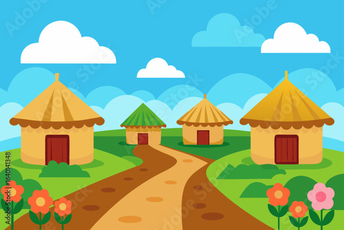 Vector illustration of a village landscape with a medieval castle, buildings, and farmhouses under a summer sky