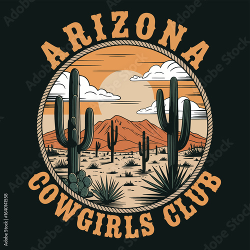 Illustration of arizona cowgirls club design with desert landscape view on transparent background