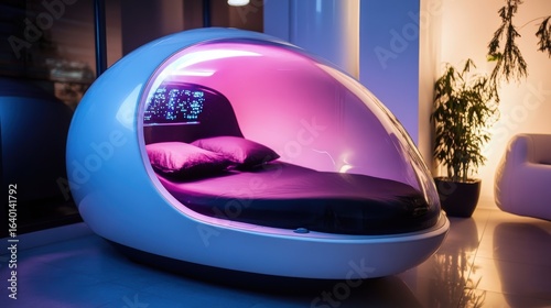 A futuristic sleeping pod with a sleek design, featuring soft lighting, plush pillows, and a transparent cover, creating a comfortable and modern resting space.