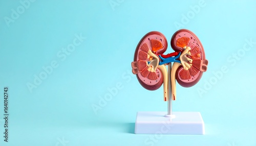 Anatomical model of kidneys against a light teal background